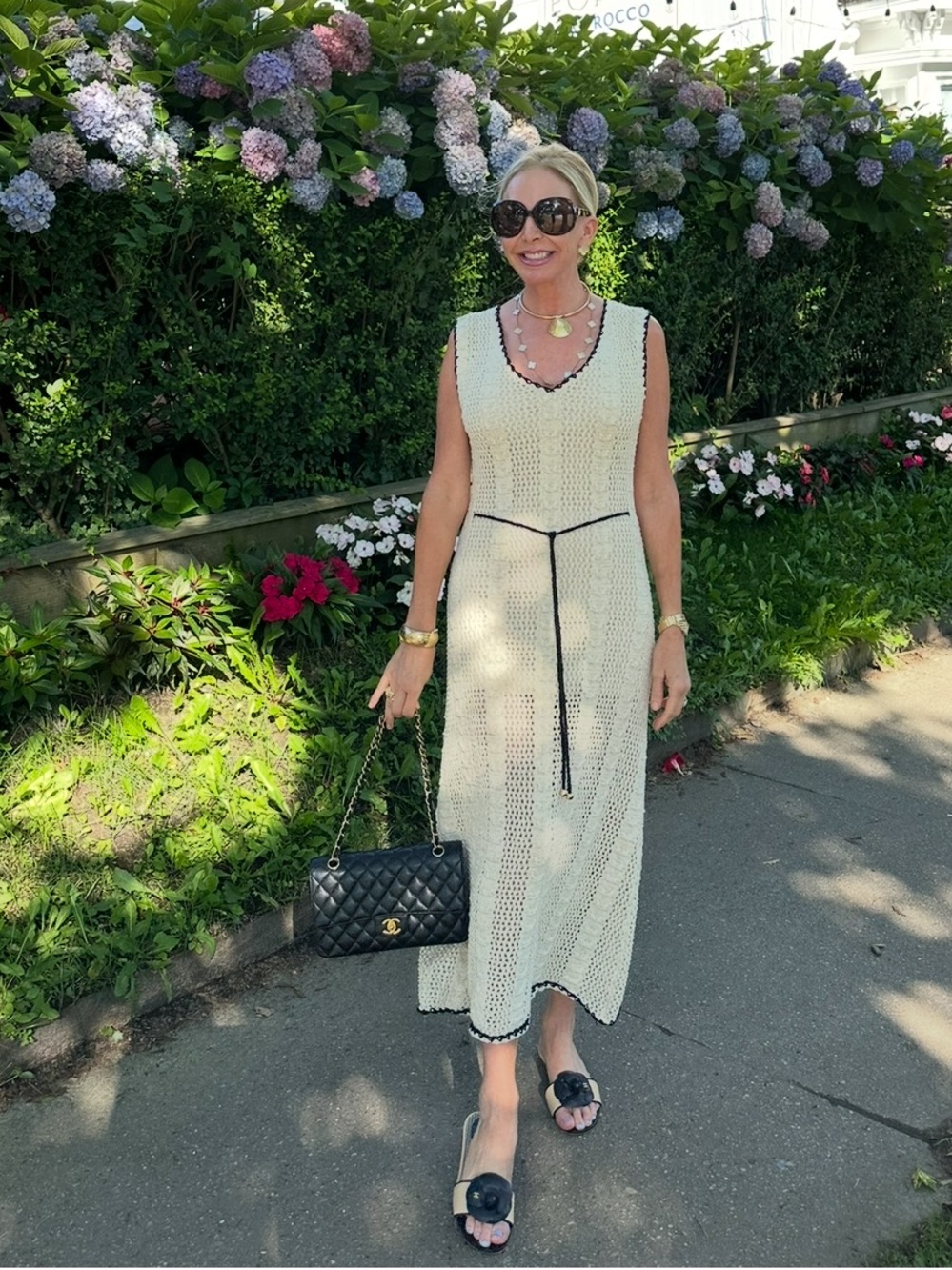 Cream Crochet Maxi Dress with Black Trim